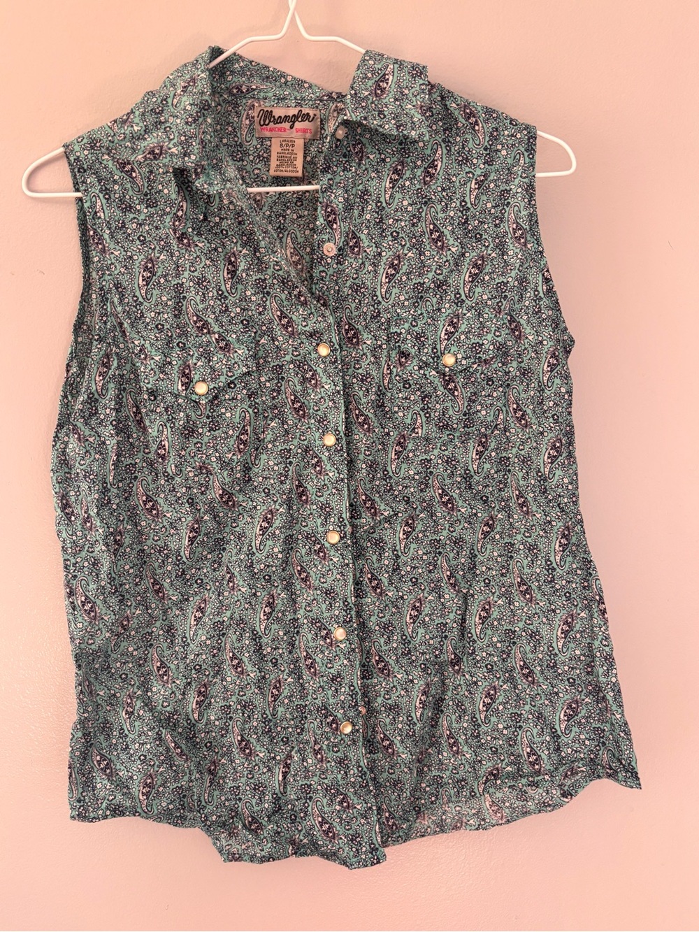 Wrangler Green Paisley Sleeveless Button-Up Collared Woven Cotton S/P.